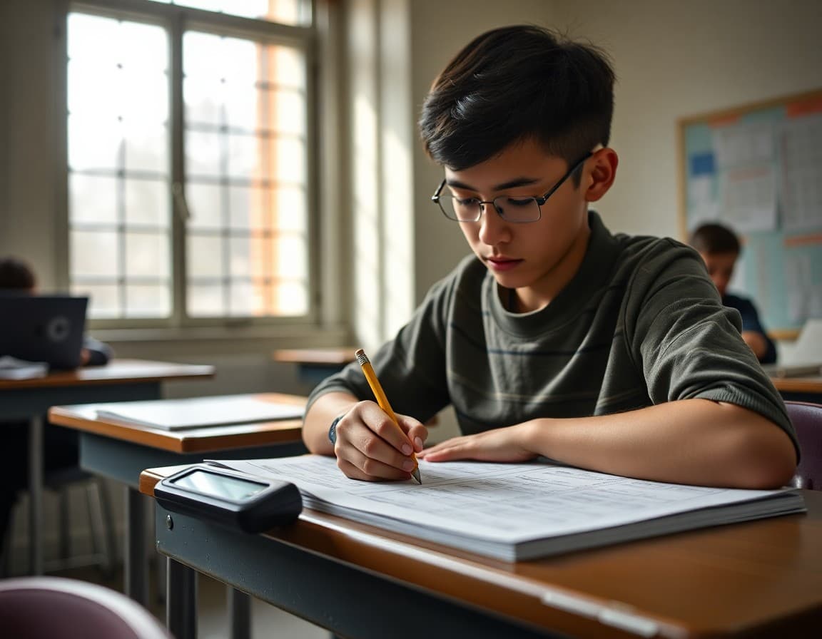 Student working through practice test questions with pencil and timer visible