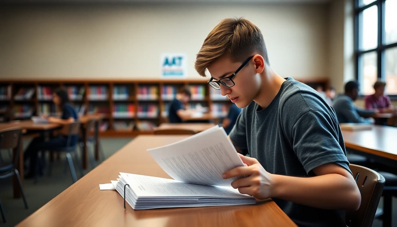 High school junior studying SAT prep materials at a library desk