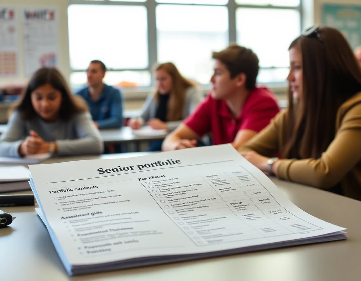 Senior portfolio newsletter with portfolio contents checklist and college submission guide on desk