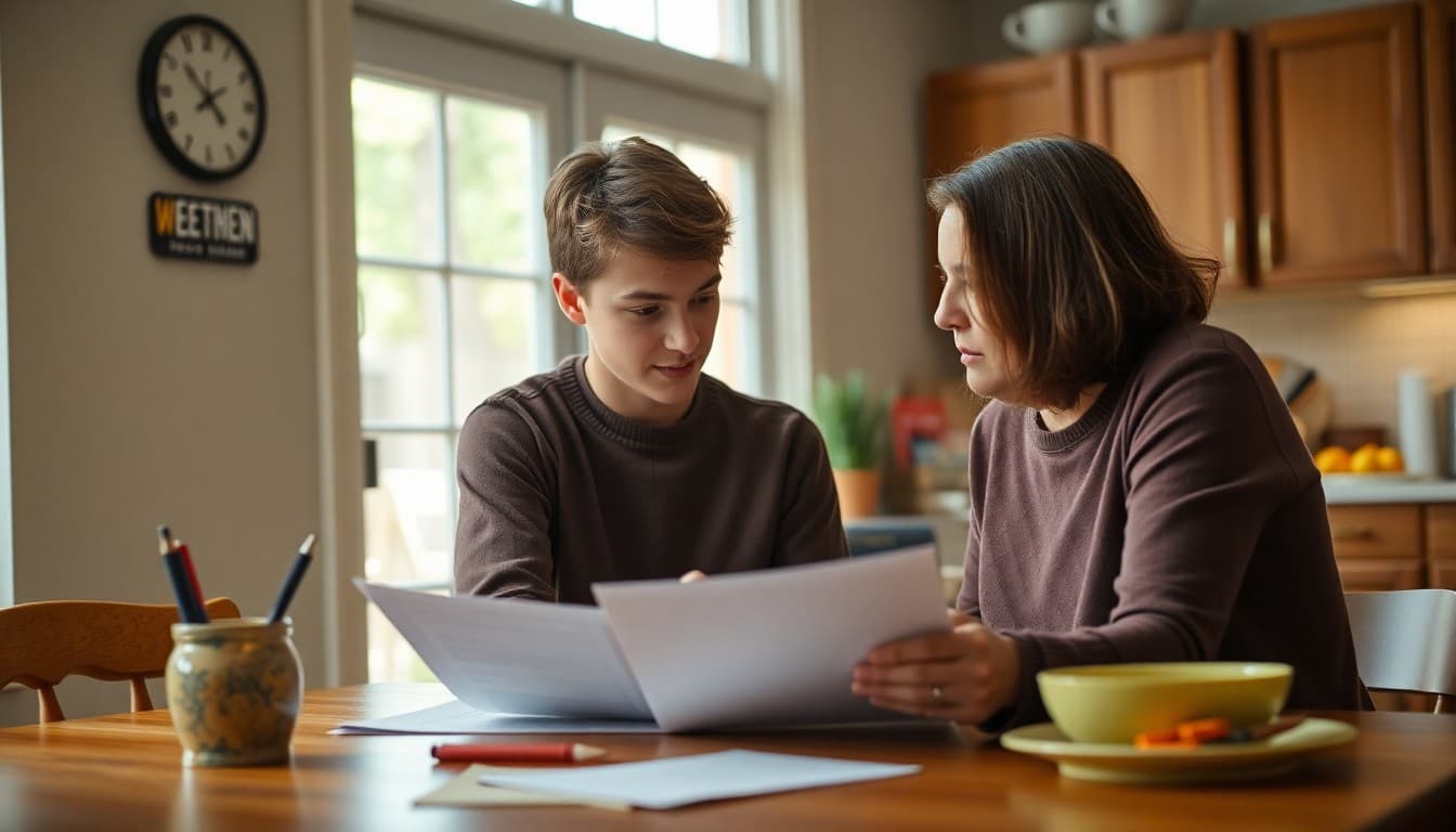 High school student reviewing a test-optional college list with their parent at the kitchen table