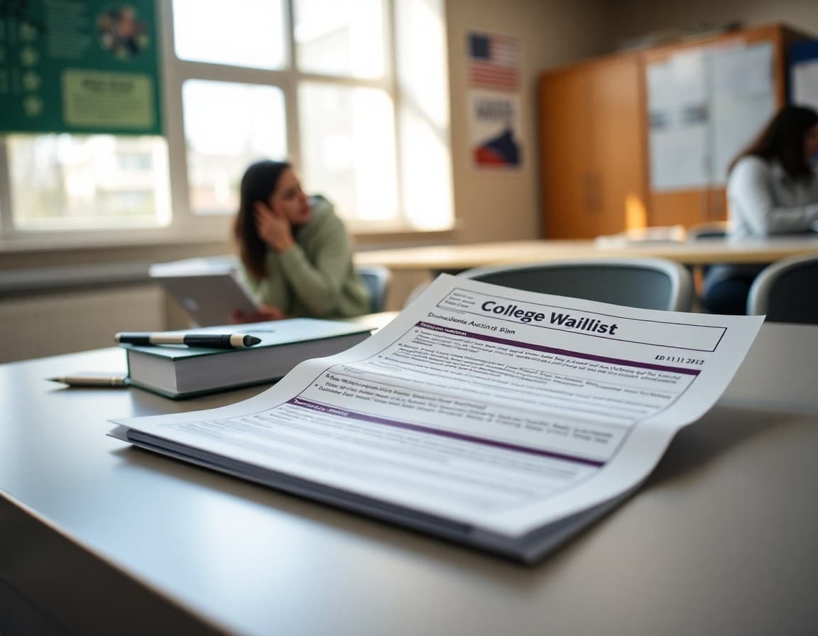 College waitlist communication newsletter and student action plan laid out on a counselor desk