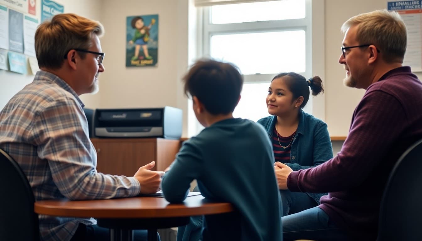 High school counselor meeting with a waitlisted student and their family in a counseling office