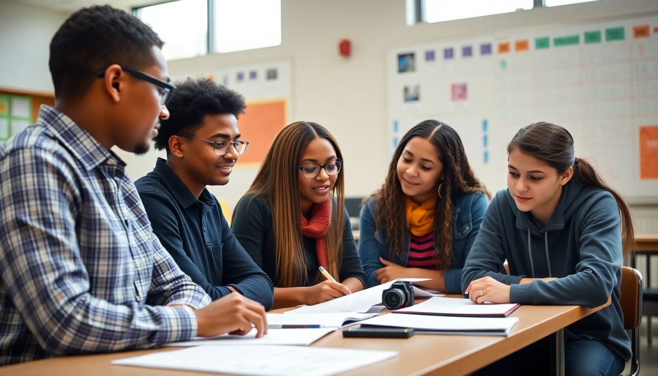 College access nonprofit staff working with high school students on college applications and financial aid