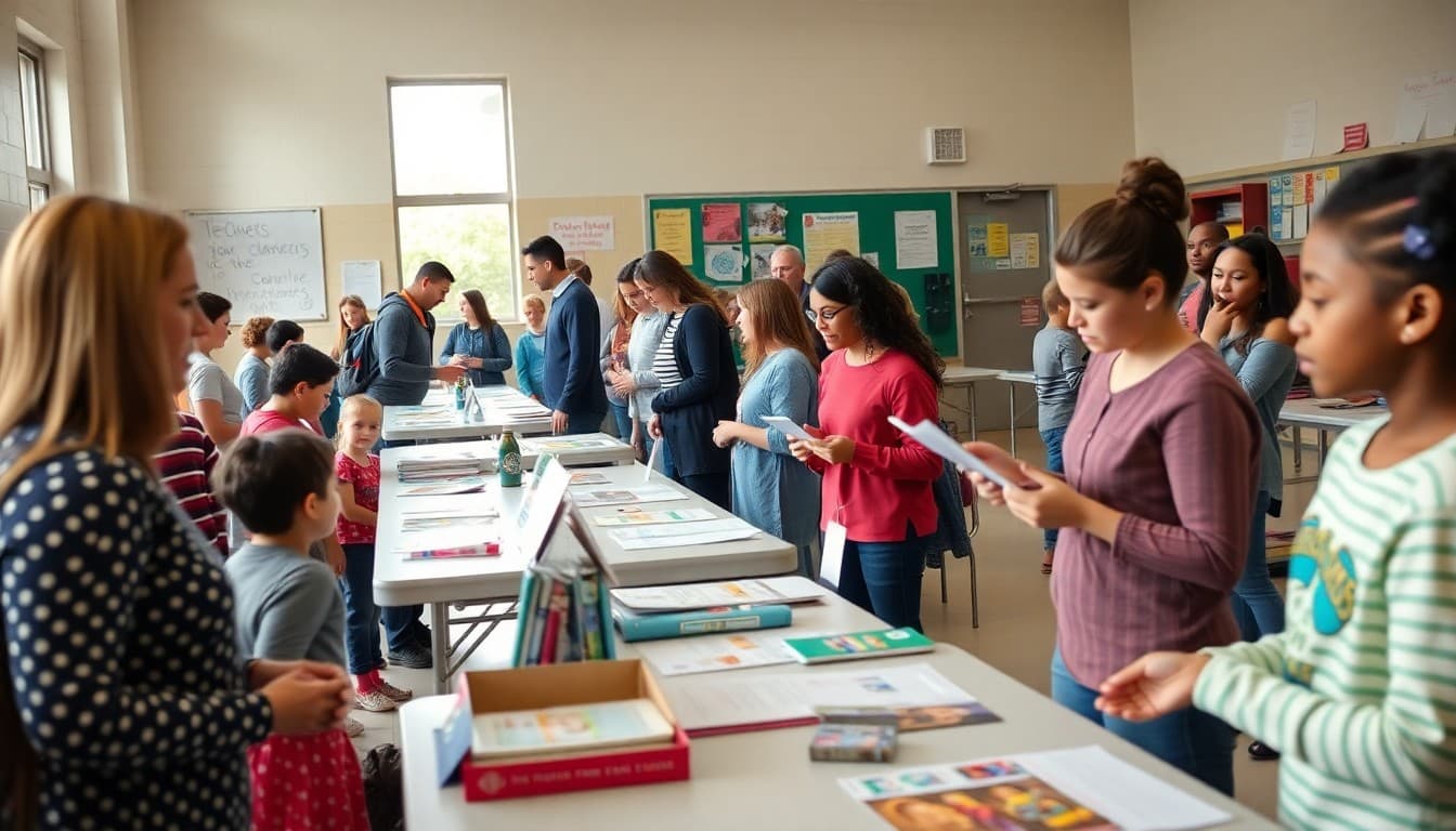 School hosting community resource fair with agency tables and families browsing information