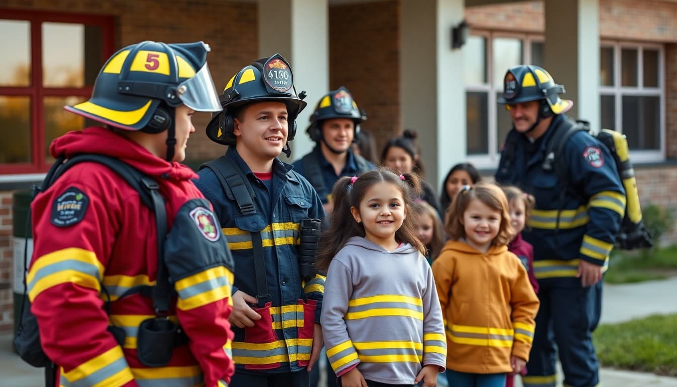 Firefighters visiting school for fire safety education program with excited elementary students outside