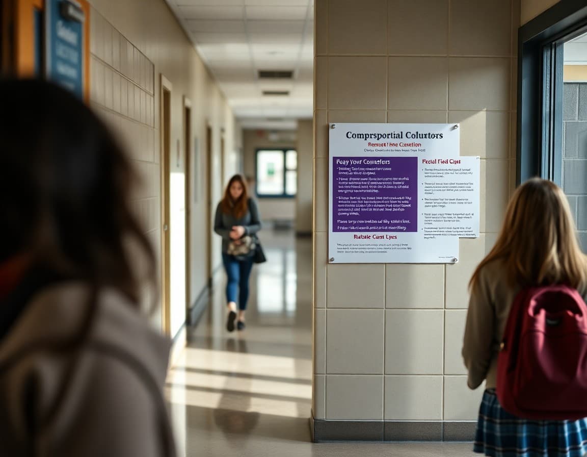 Grief support resources and compassionate counselor information posted in school hallway