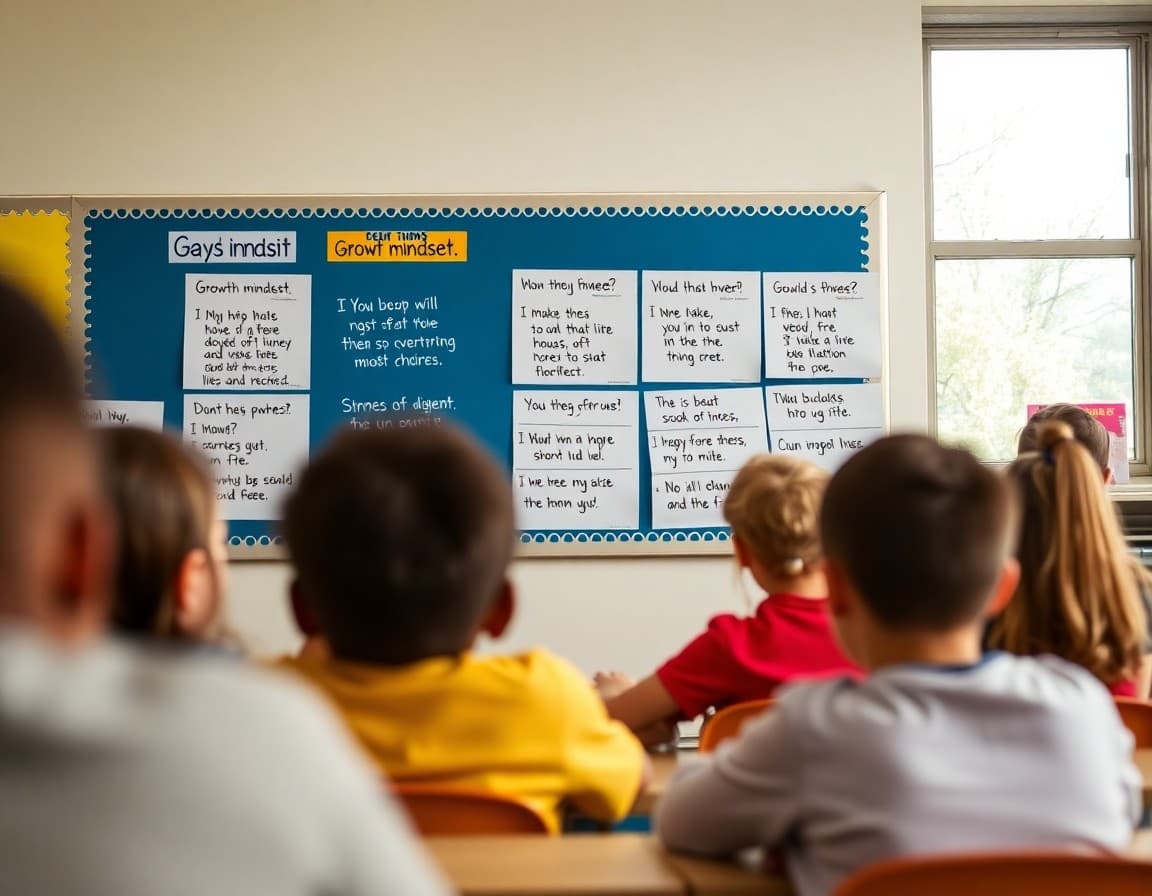Growth mindset student affirmations and effort praise display on elementary classroom wall