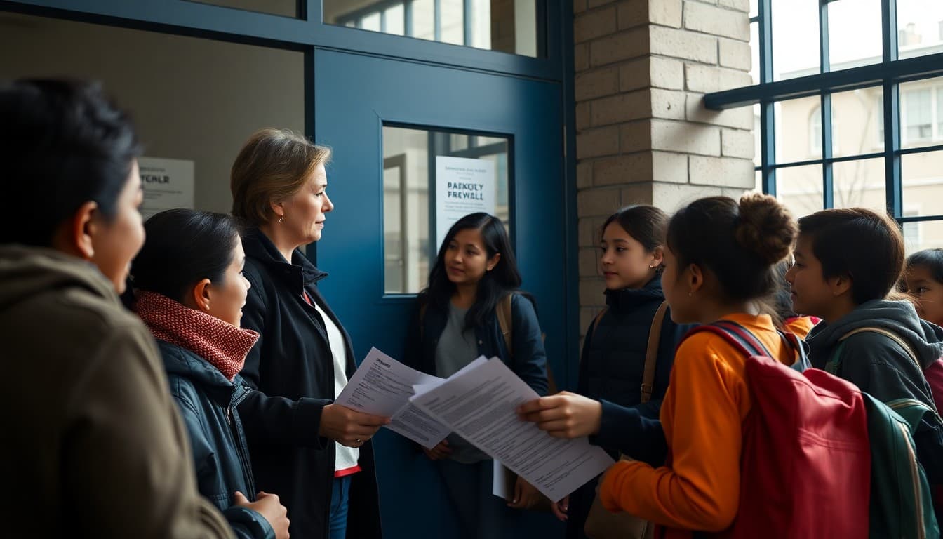 Urban school teacher distributing newsletters at city school entrance to diverse families