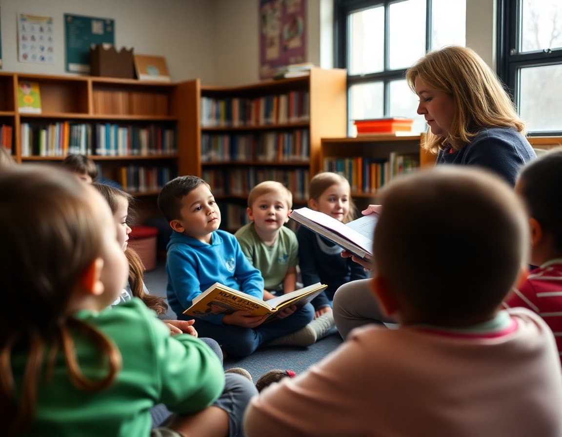 Librarian reading aloud to students during school-library partnership story time event