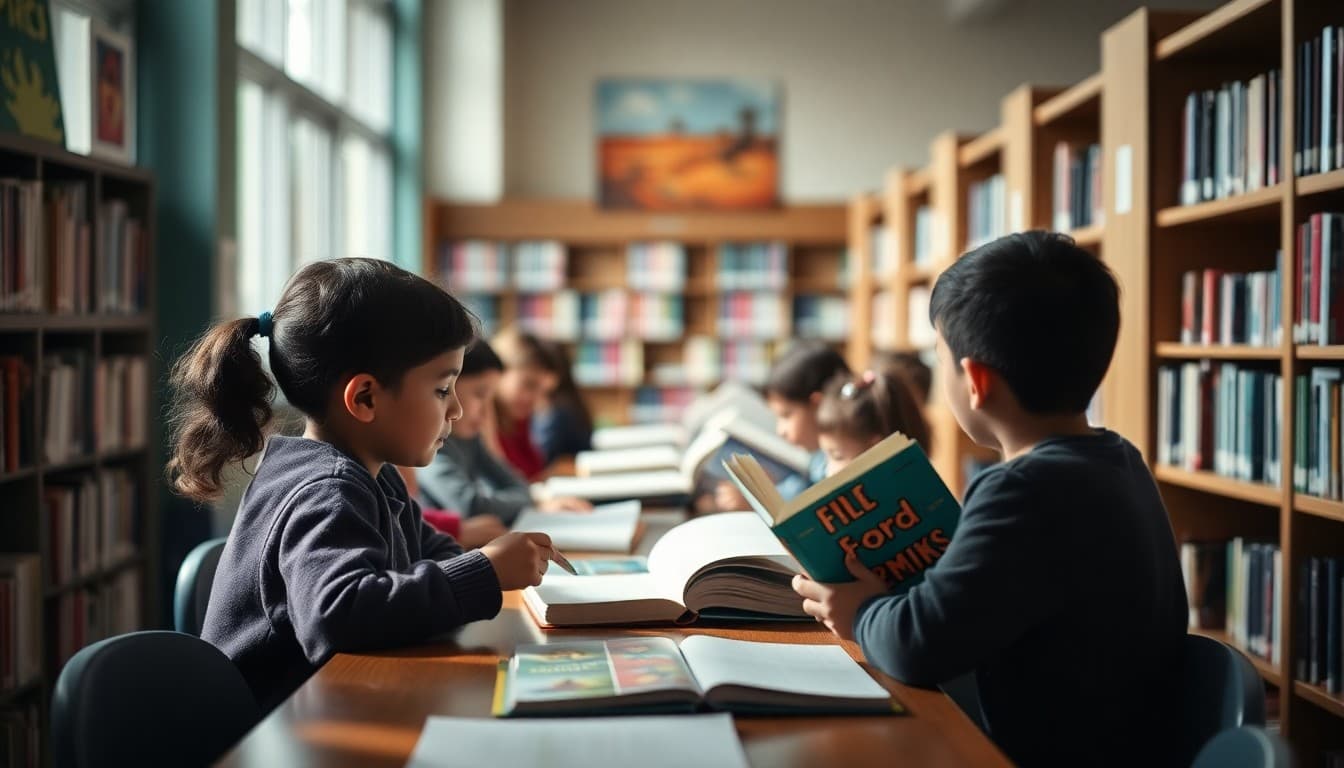 School partnering with public library for reading program with students exploring books in library