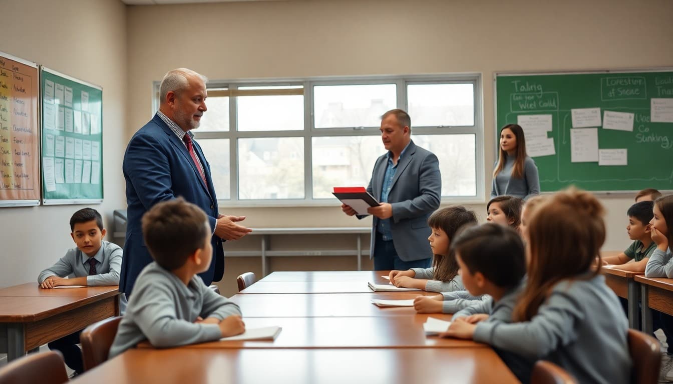 Local business owner visiting school for partnership ceremony with students and teachers present