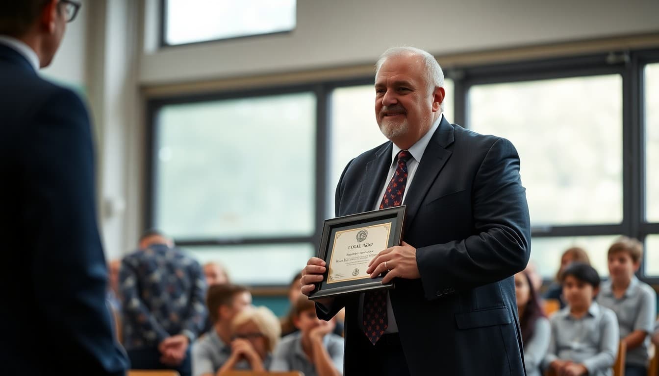 School principal presenting local hero award to community member at school assembly