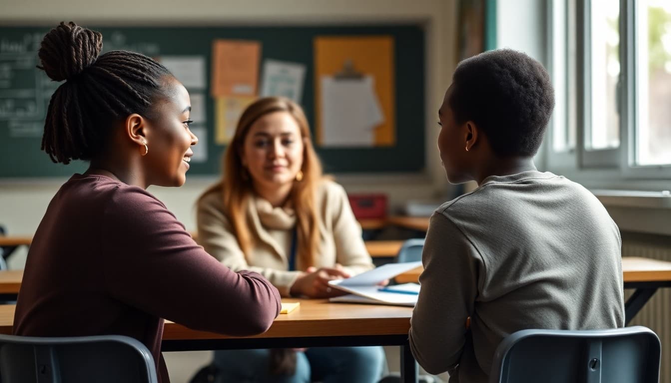Mentorship organization volunteers meeting with student mentees in school setting for guidance session