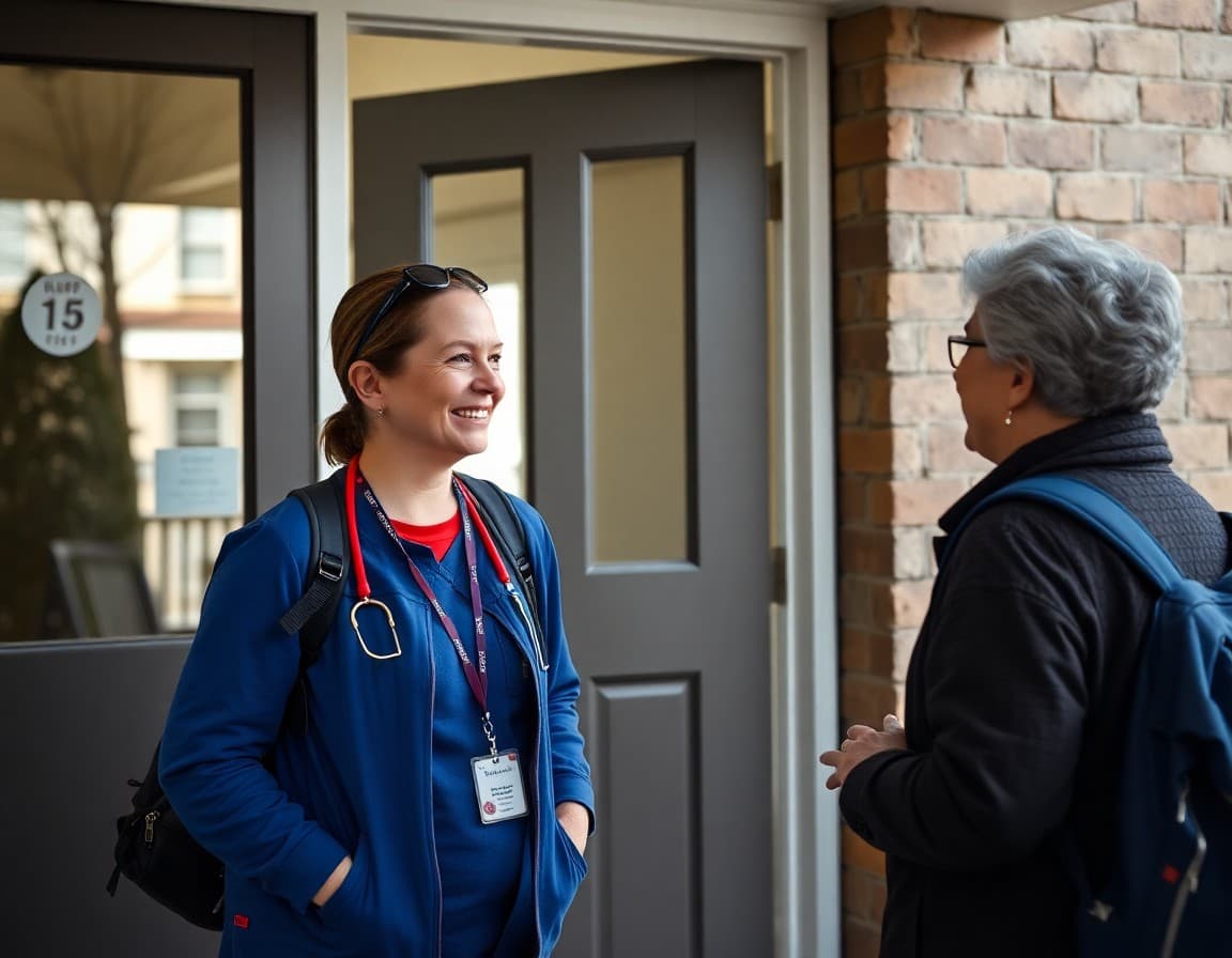 School staff member having friendly conversation with parent at front door during neighborhood walk