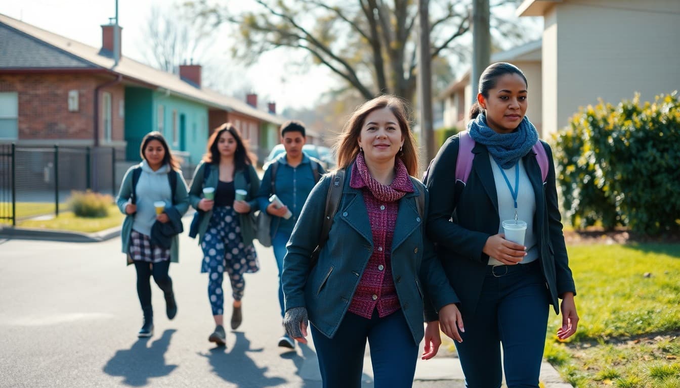 Teachers walking neighborhood streets to reach families for school community engagement outreach