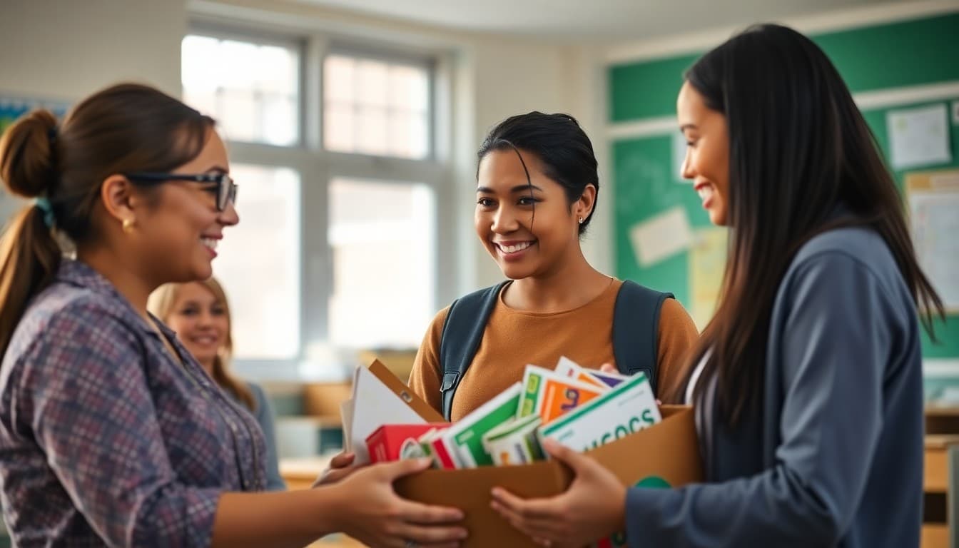 Nonprofit organization staff partnering with school for student support program and resource distribution
