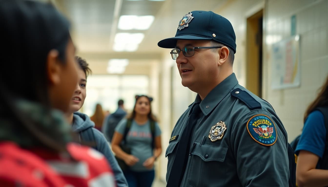 School resource officer building positive relationships with students in school hallway conversation