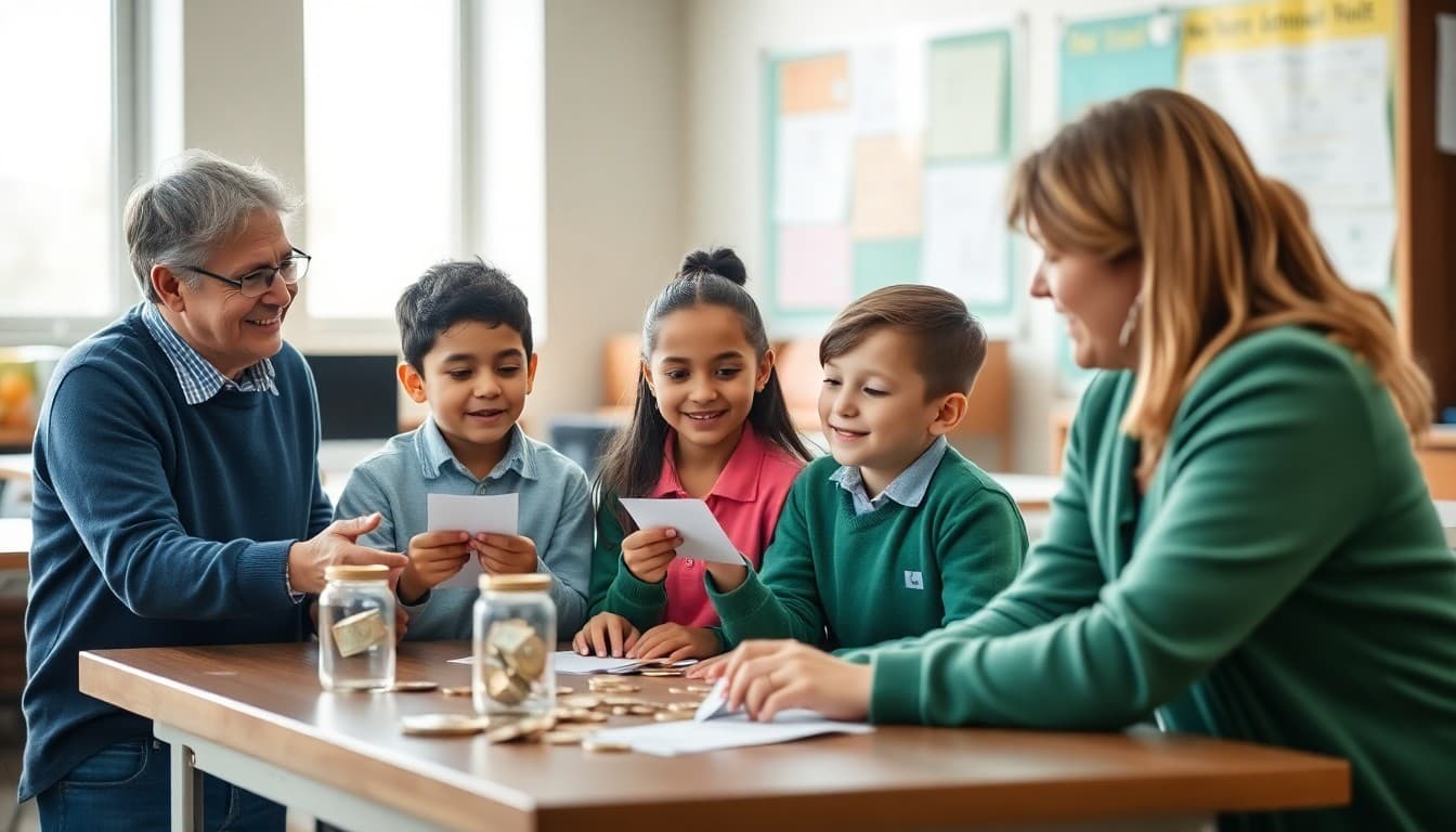 Students learning to save money at school banking program with teacher and bank representative