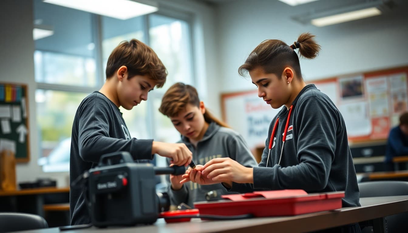 Students working on technical project in CTE classroom during career education month