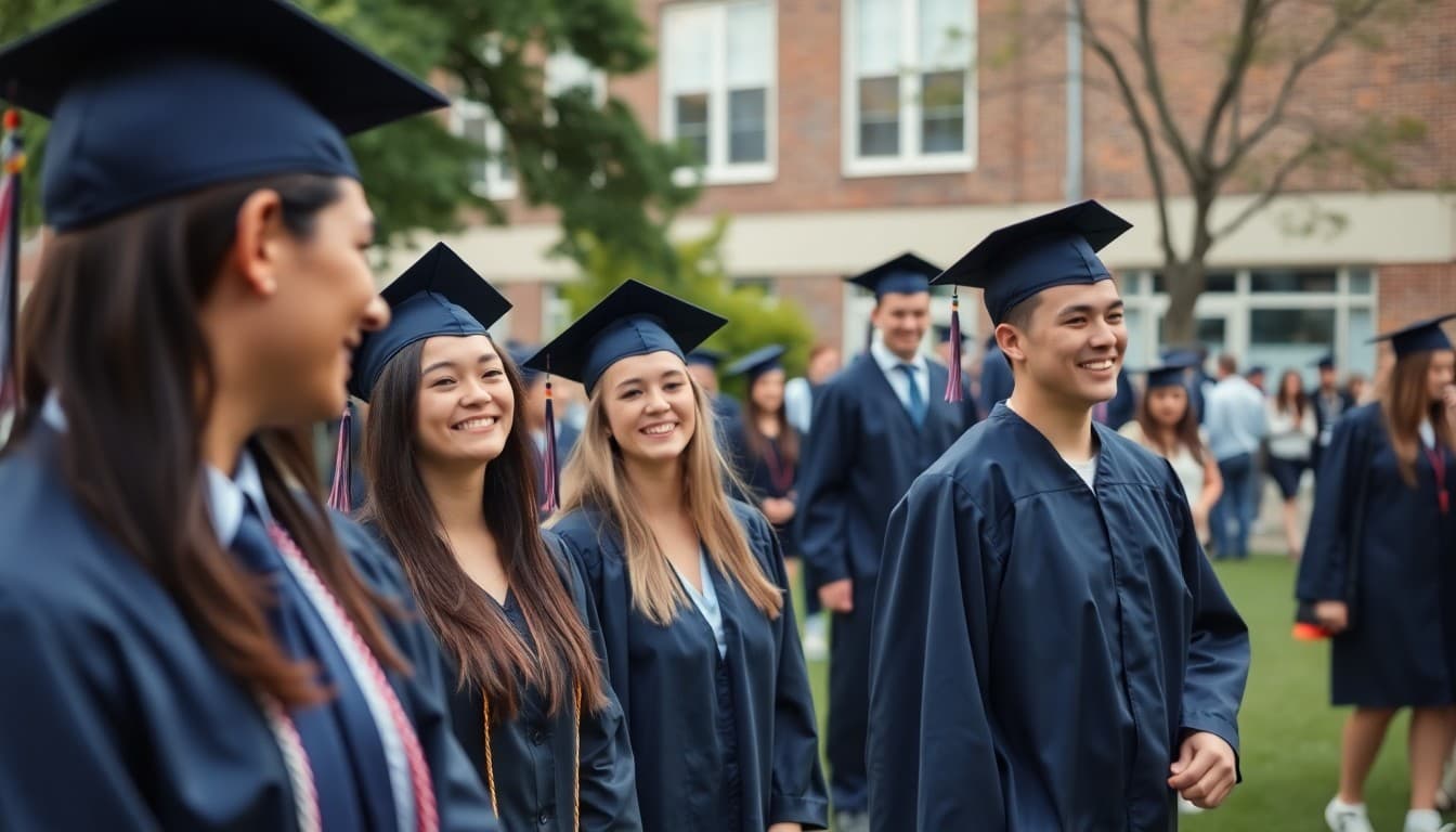 Graduating seniors in caps and gowns celebrating on school lawn with family and teachers