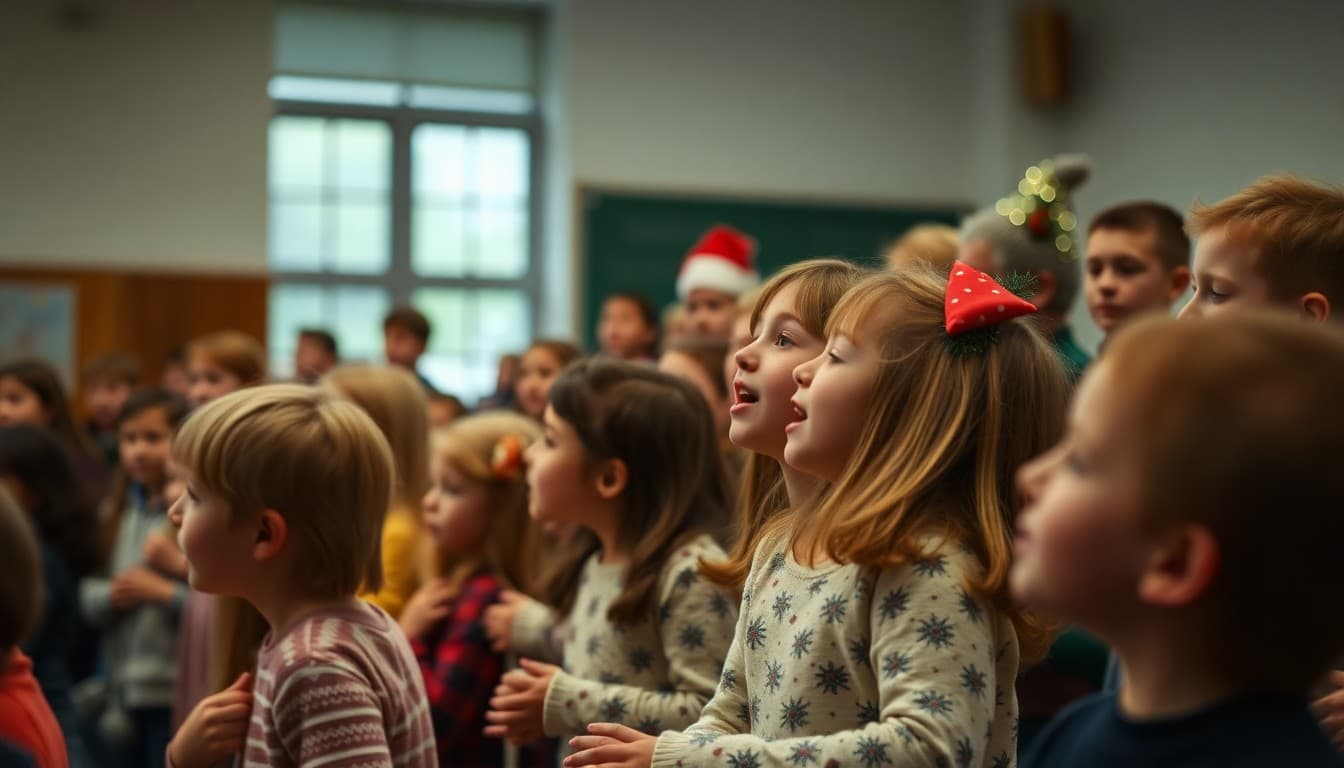 School choir performing at holiday concert with students in festive attire and family audience