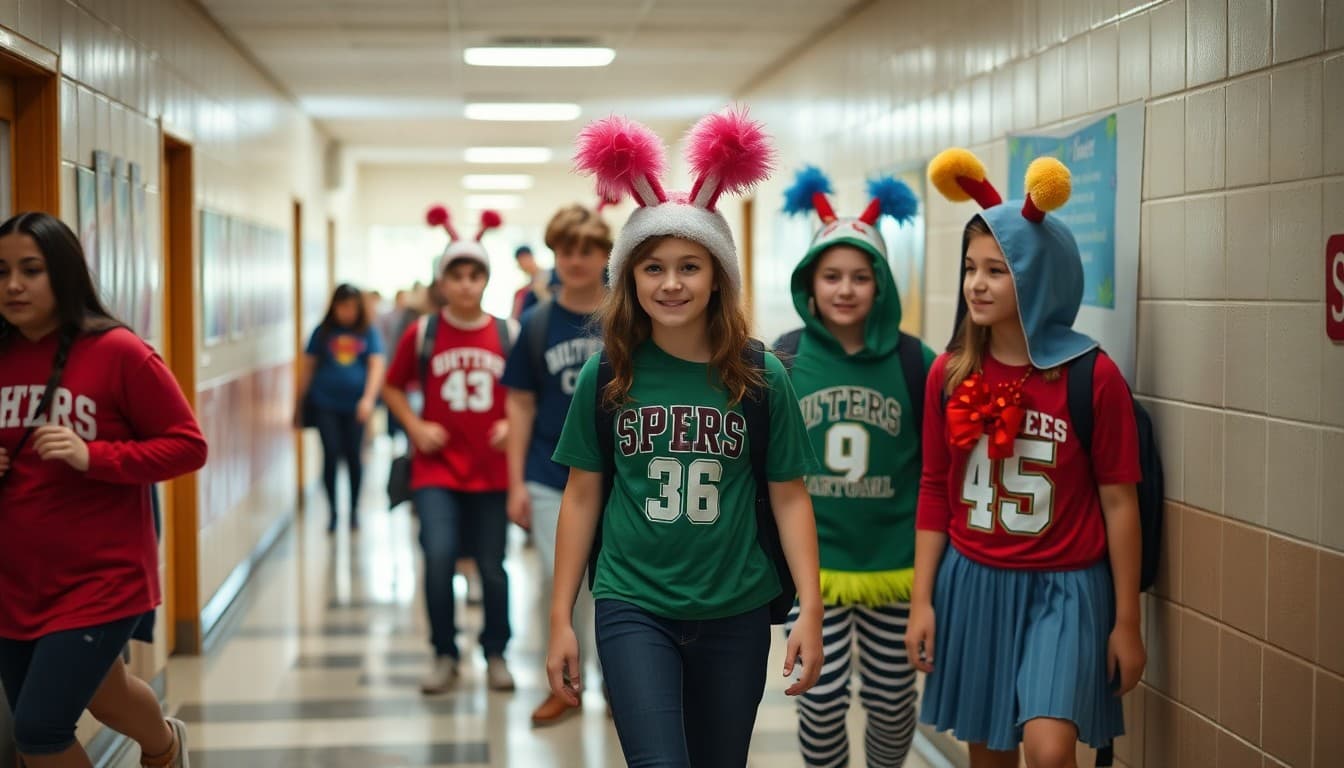 Students dressed in spirit week costumes participating in homecoming activities in school hallway