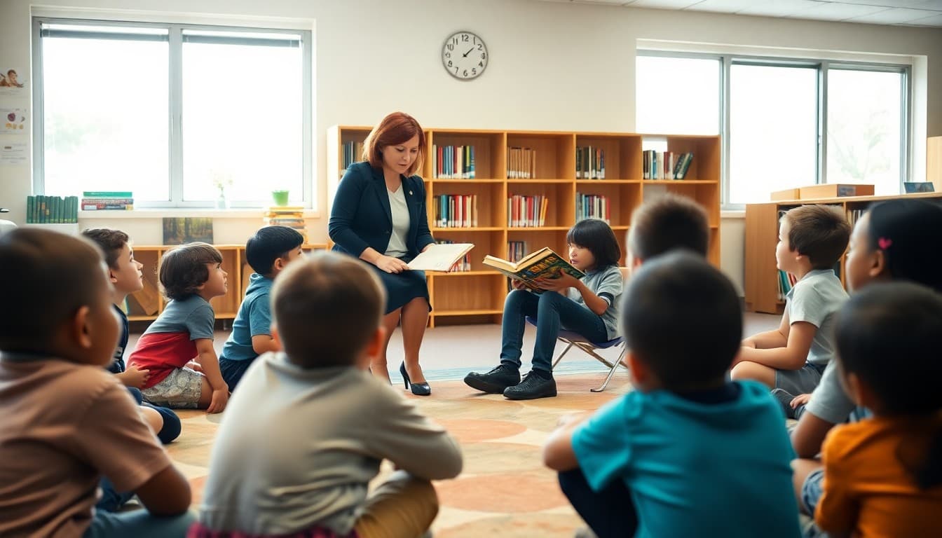 School librarian reading to students gathered in circle on library rug during library month