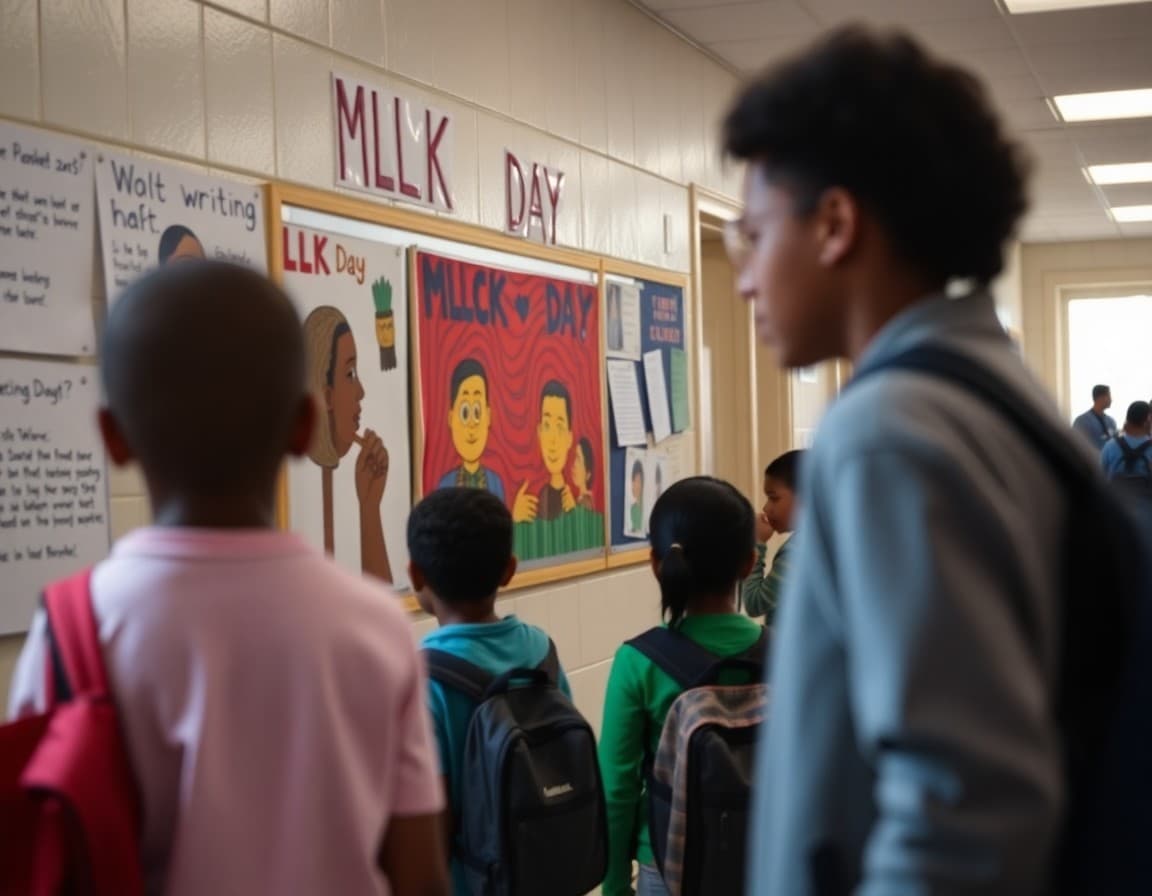 MLK Day artwork and student writing displayed in school hallway near bulletin board