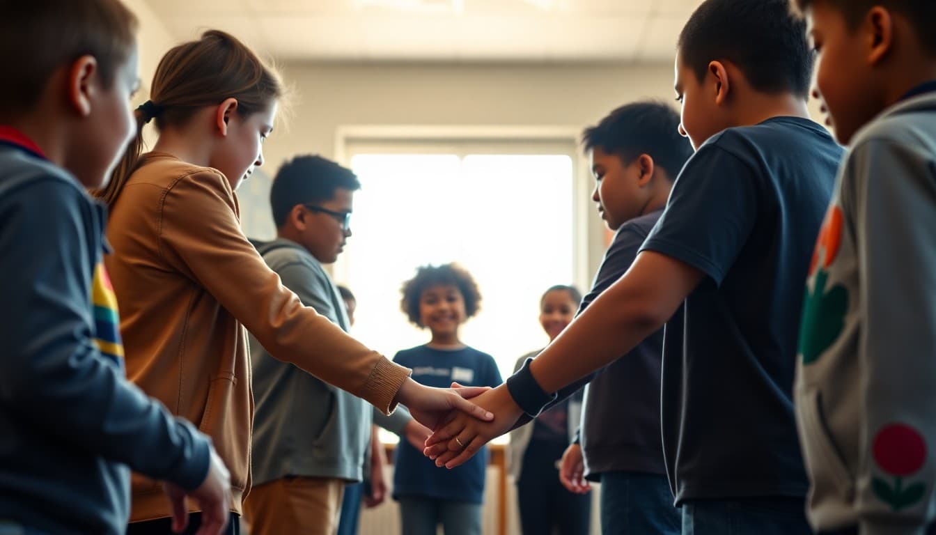 Students holding hands in circle at school MLK Day service learning event