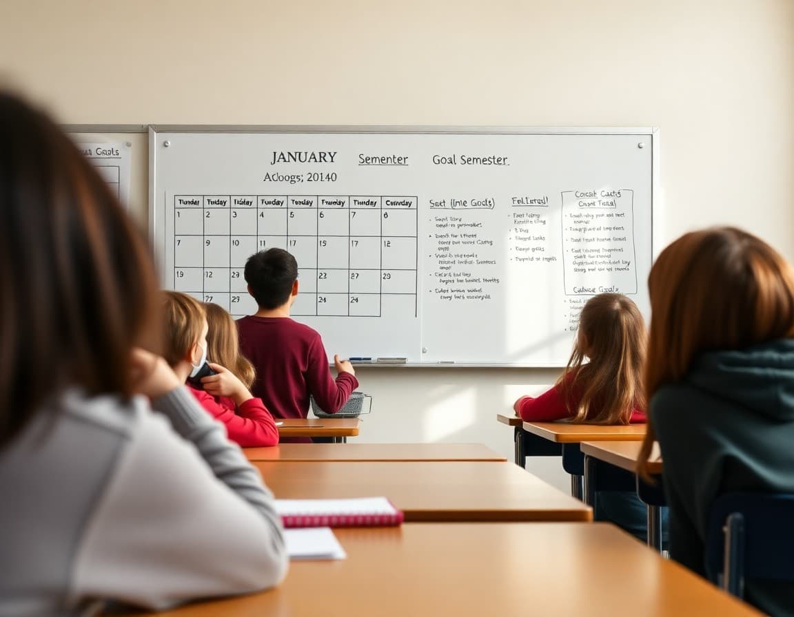 Second semester school calendar and goals posted on classroom whiteboard in January