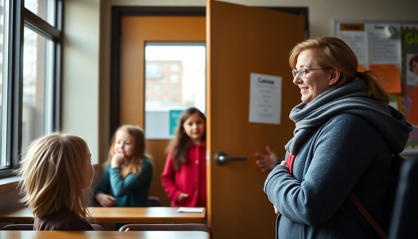 Teacher greeting students at classroom door on first day back from winter break in January
