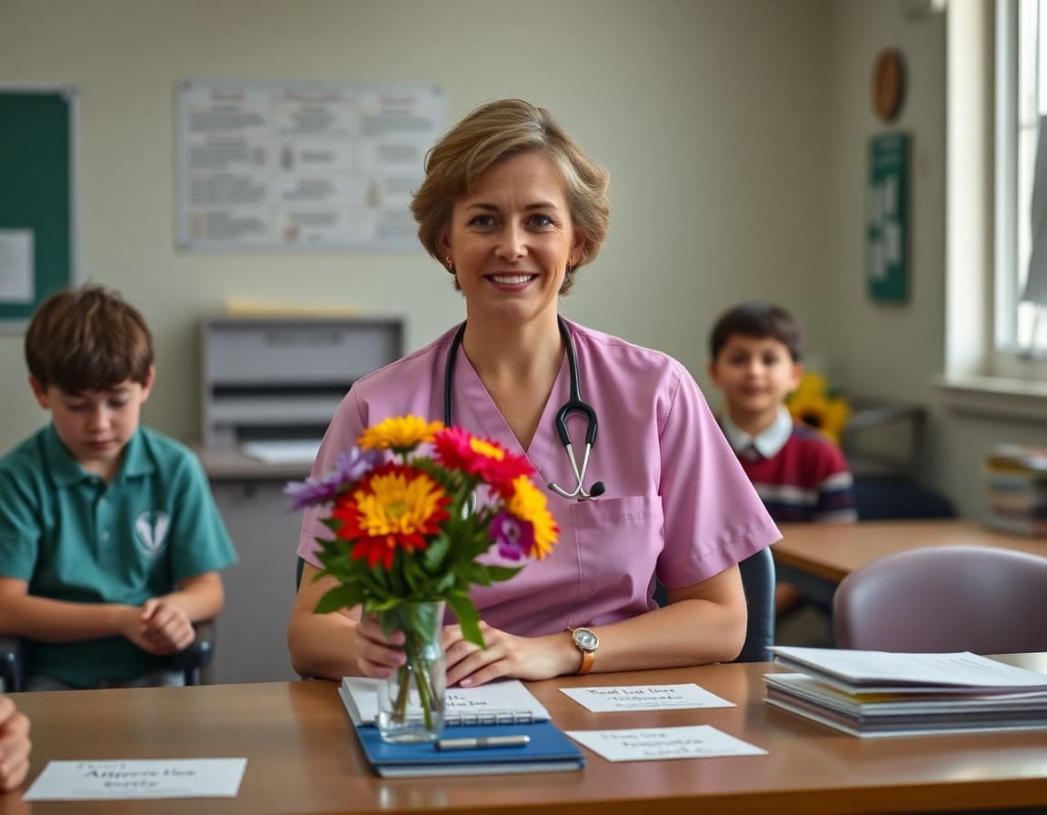 School nurse at health office desk with appreciation cards and flowers from students