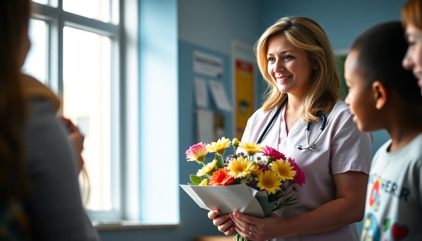 School nurse being recognized with flowers and card from students during Nurses Week celebration
