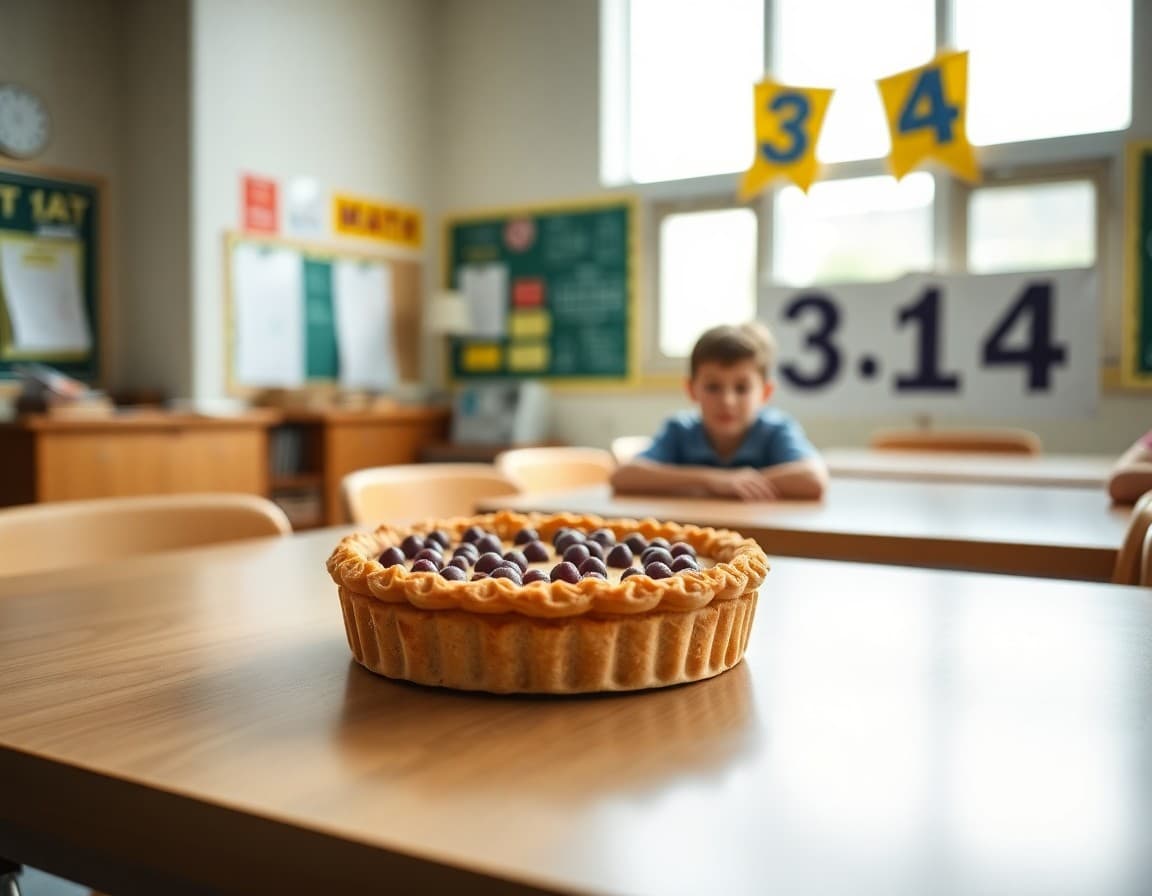 Pi Day celebration pie on school table with student math posters and 3.14 banner nearby