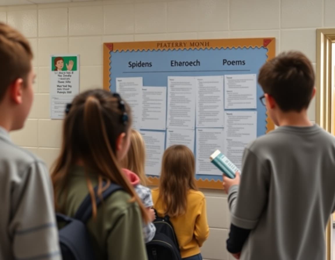 Student poetry displayed on hallway bulletin board during National Poetry Month celebration