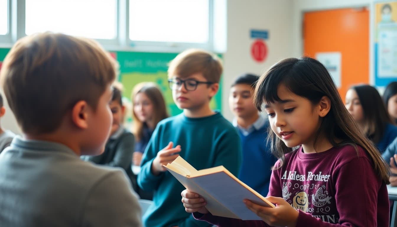 Students performing original poetry at school poetry slam during National Poetry Month