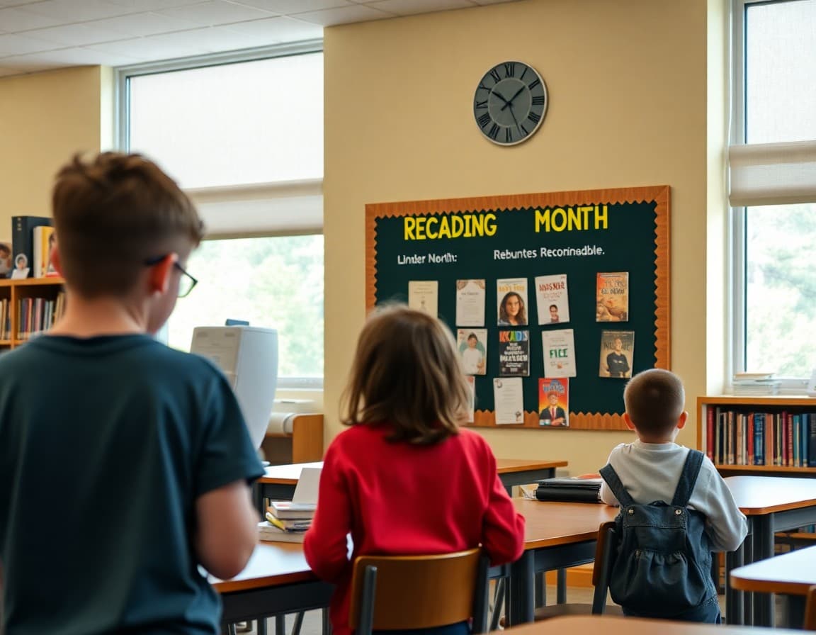 School library decorated for reading month with student book recommendations on bulletin board
