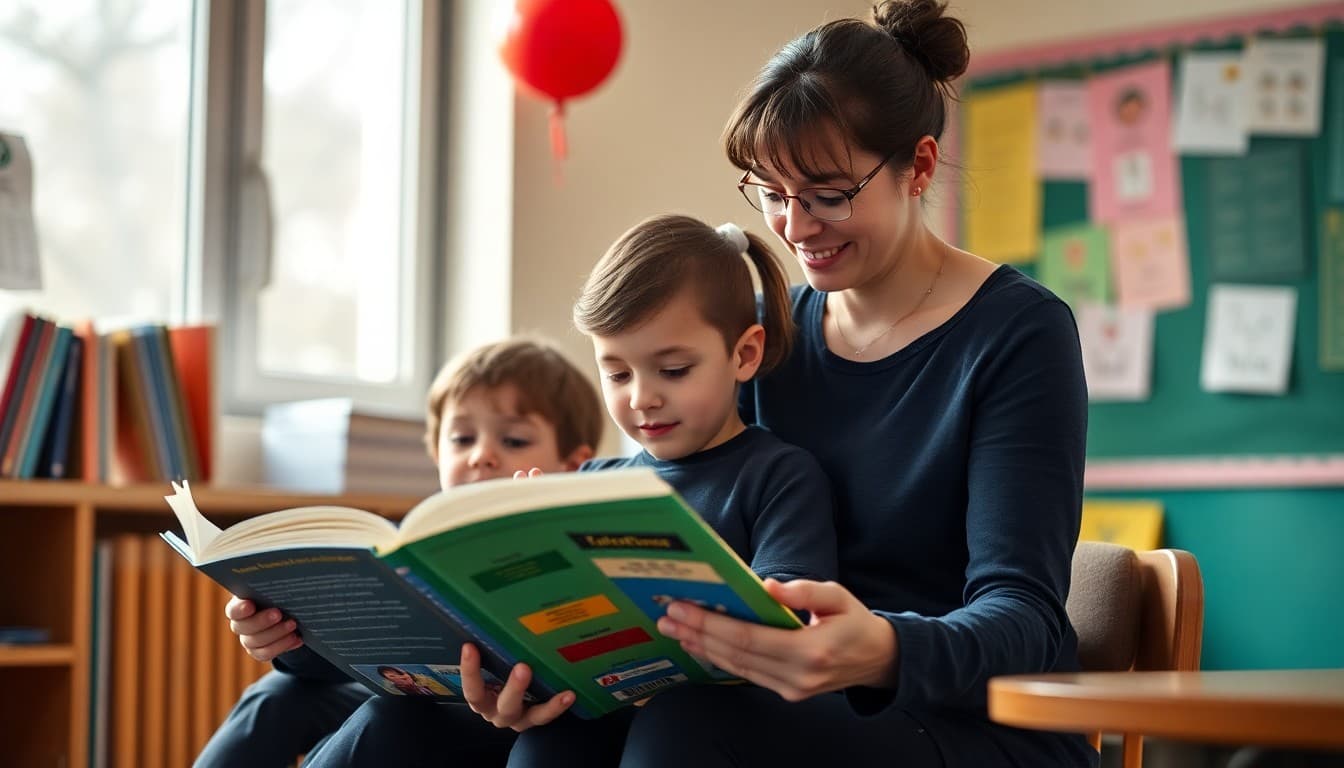 Students and teacher reading books together during school reading month celebration