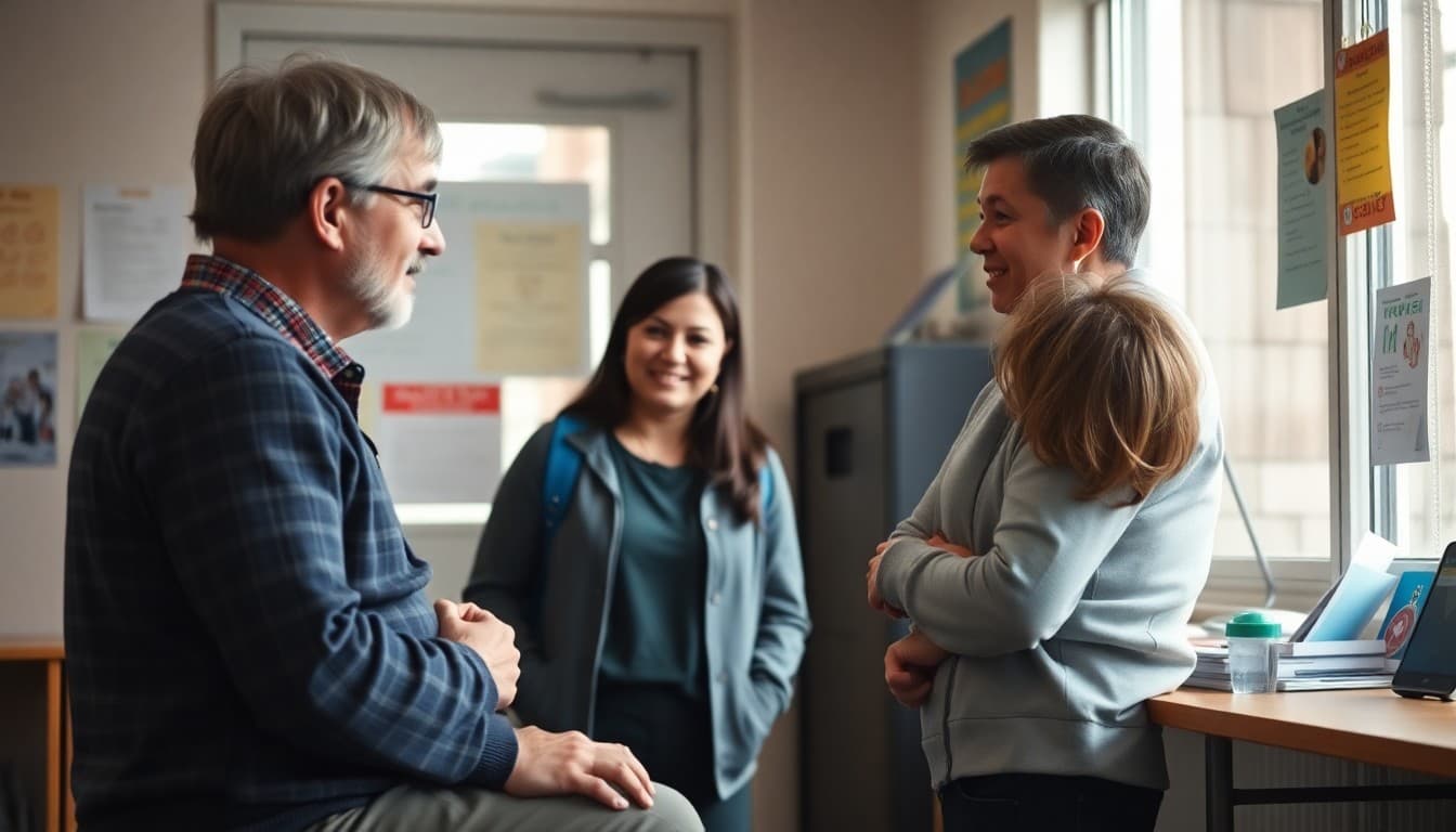 School social worker meeting with family in school office to discuss student support