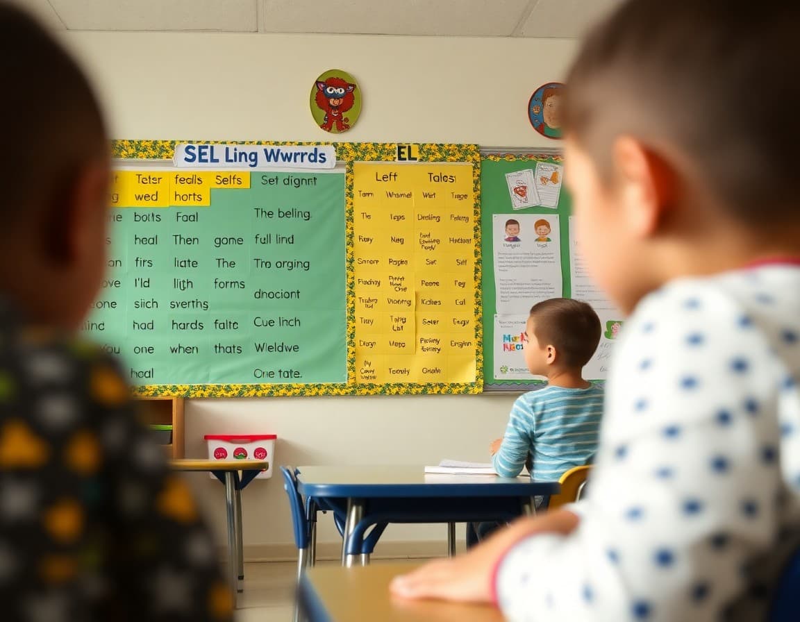 SEL feeling words chart and student self-regulation tools displayed in elementary classroom