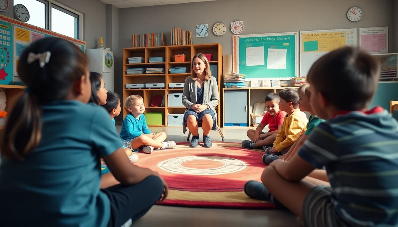 Elementary teacher leading morning meeting SEL circle with students on classroom rug