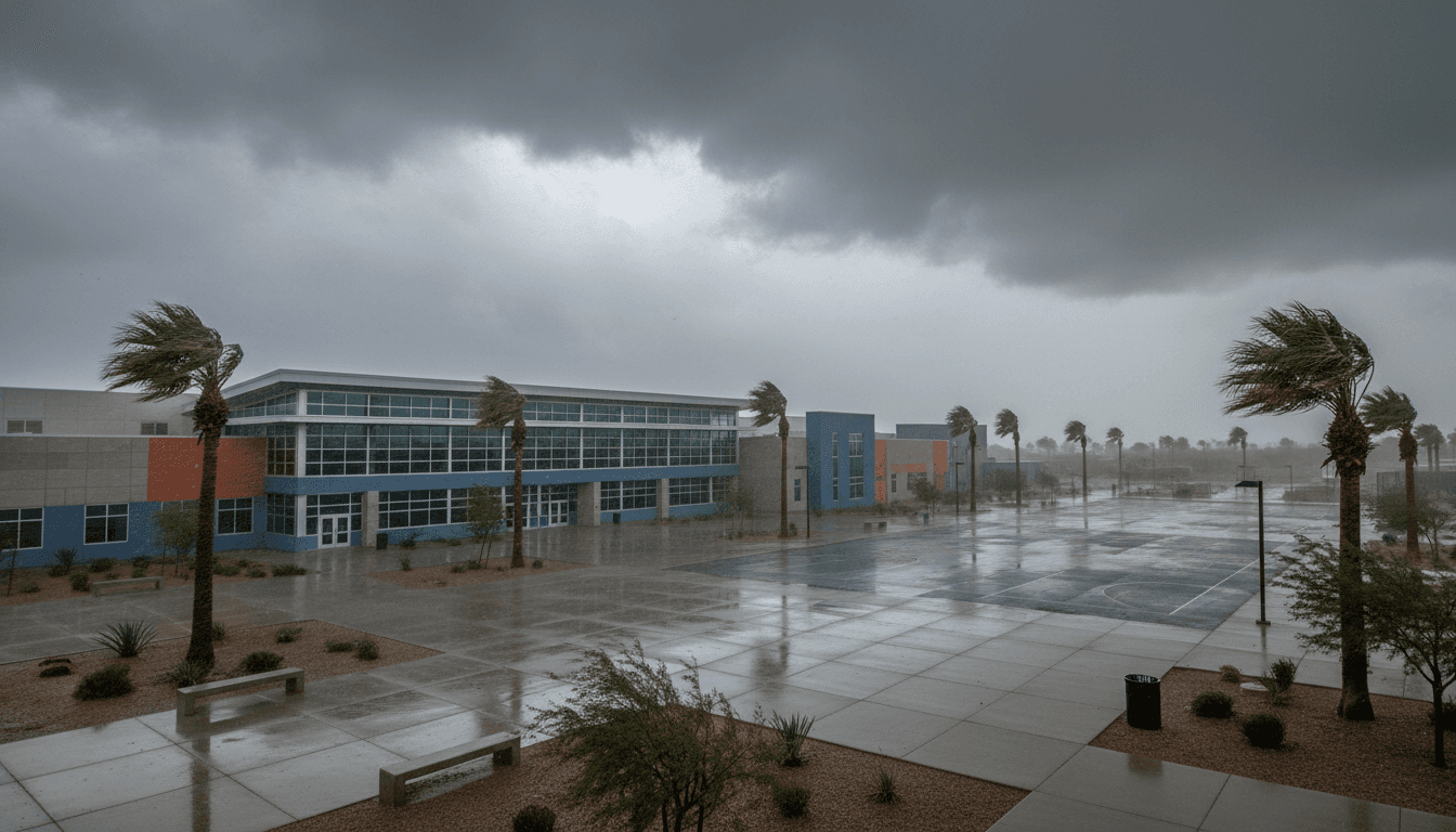 A school building with boarded-up windows and sandbags at the entrance before a major hurricane landfall