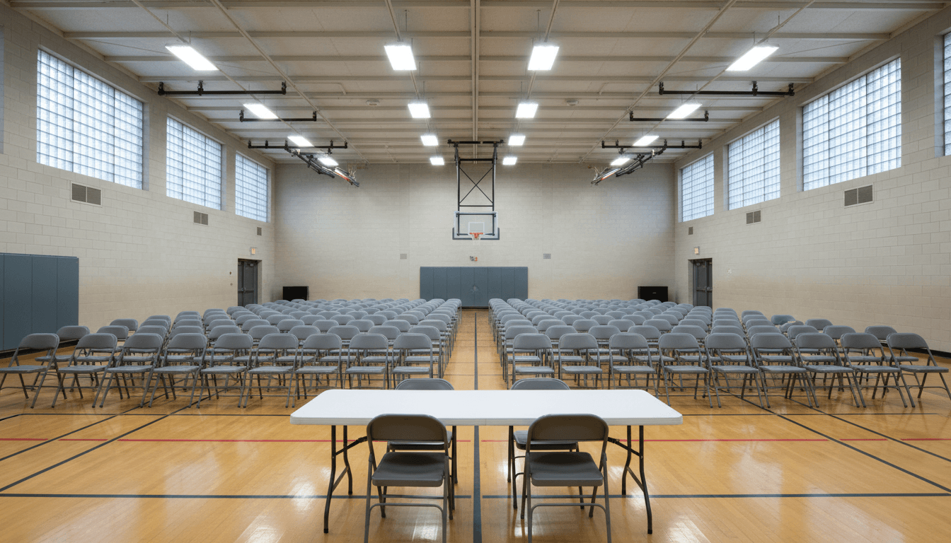 Parents waiting outside a school gymnasium during a student reunification process with school staff checking IDs at a table