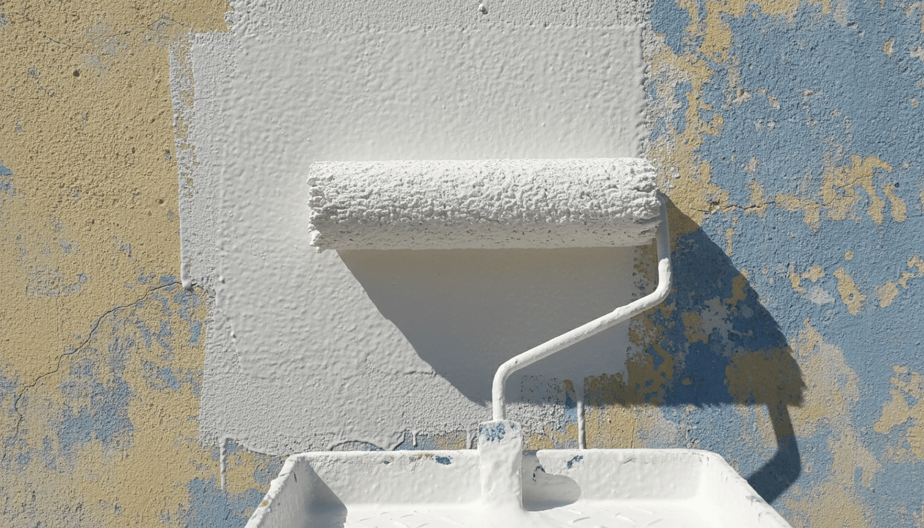 A school custodian painting over graffiti on a school exterior wall while a staff member photographs the area for documentation