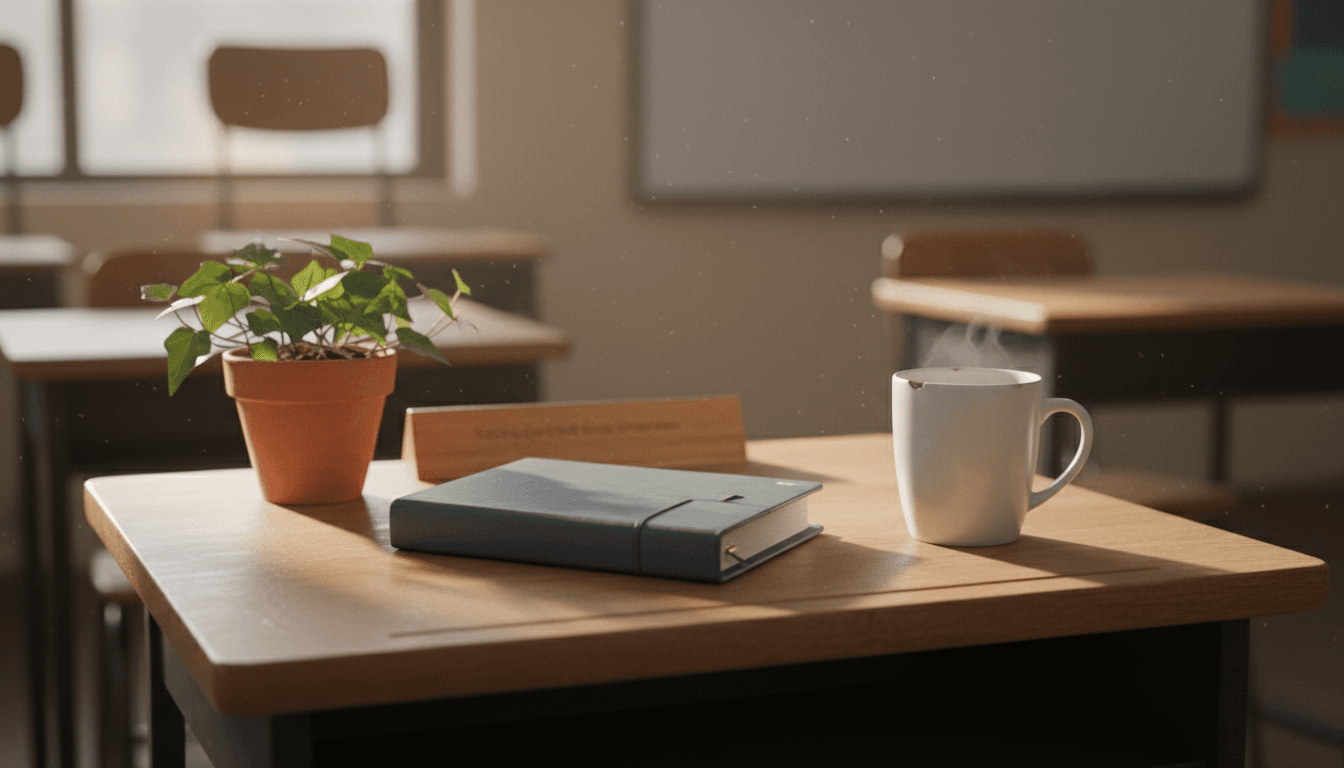 An empty classroom with a teacher's desk in the foreground and student artwork covering the back wall in soft morning light