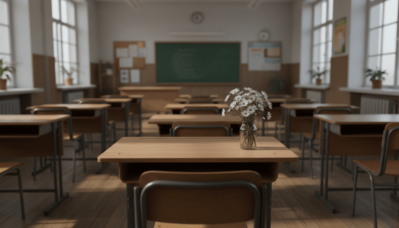 School principal seated at a desk with hands folded, looking down at a notepad in a quiet office with afternoon light