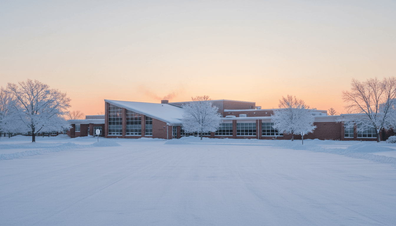 A school building with heavy snow on the roof and an empty parking lot on a winter storm morning