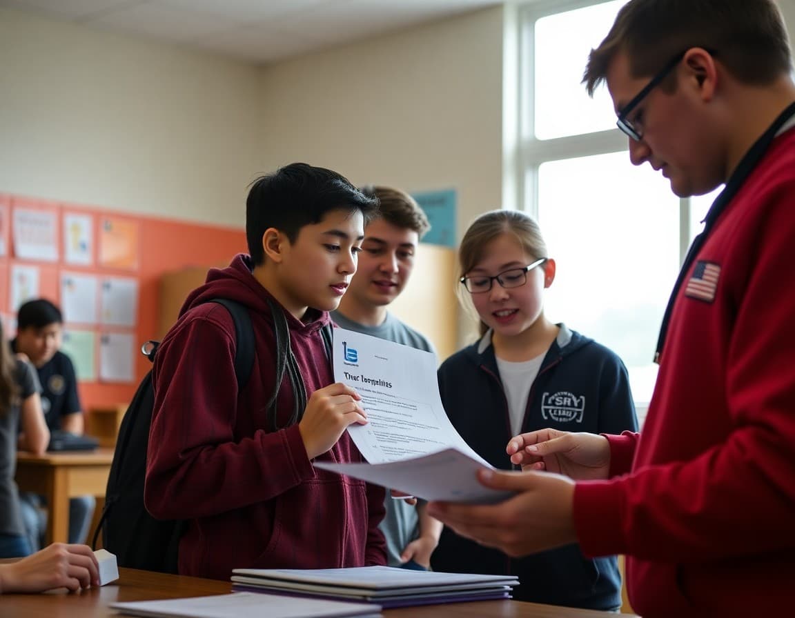 Students and coach reviewing academic competition materials together after a tournament