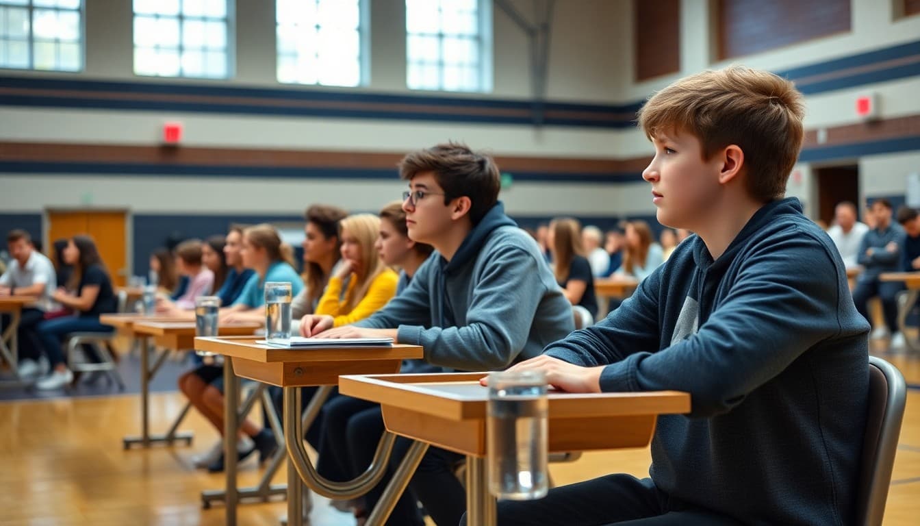 Academic team students competing in a quiz bowl tournament at a school gymnasium