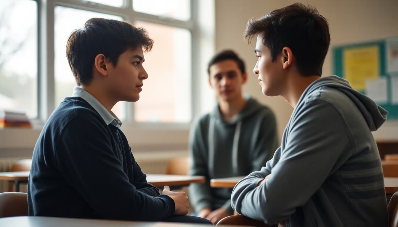 Two students in a mediated conversation with a counselor facilitating resolution